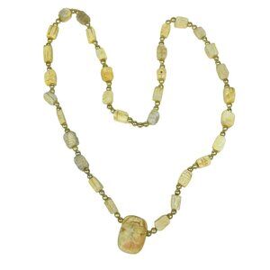 Vintage Carved Soapstone Scarab Beaded Necklace Goldtone 28 in Egyptian Revival